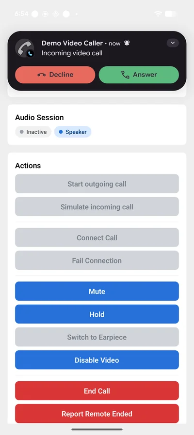 Incoming (banner) on Android — expo-callkit-telecom demo