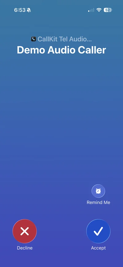 Incoming (full screen) on iOS — expo-callkit-telecom demo